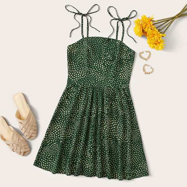 

Plus Shirred Back All Over Print Cami Dress, Dark green