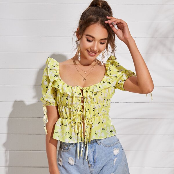 

Floral Print Ruffle Trim Tie Front Blouse, Yellow