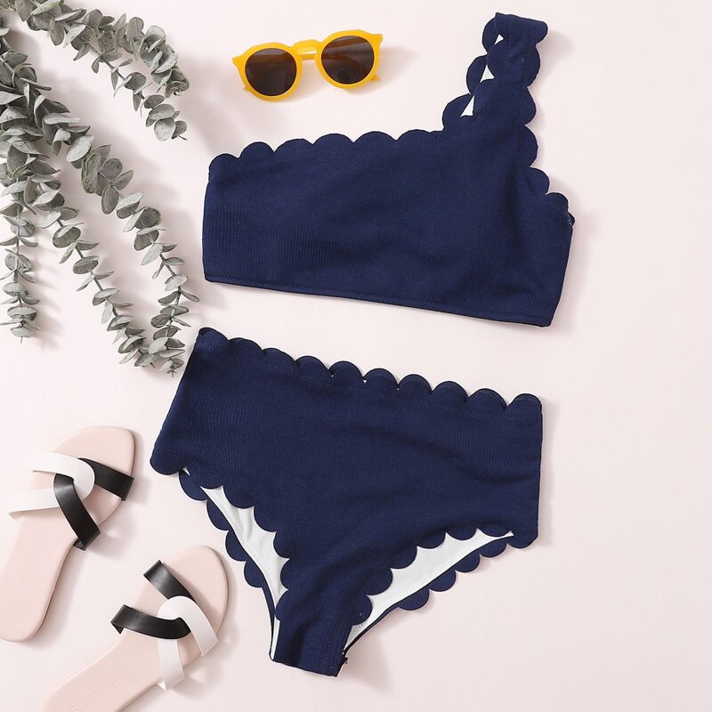 

Scallop Trim One Shoulder Bikini Swimsuit, Navy blue