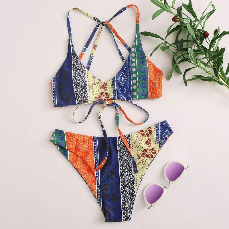 

Paisley Tie Back Bikini Swimsuit, Multicolor