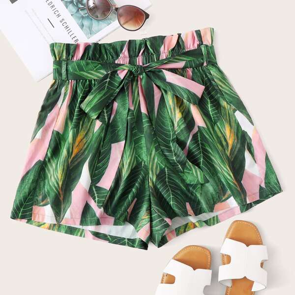 

Plus Paperbag Waist Belted Tropical Shorts, Multicolor