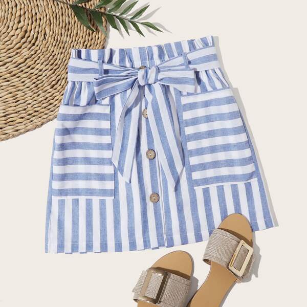 

Belted Button Front Pocket Striped Skirt, Blue