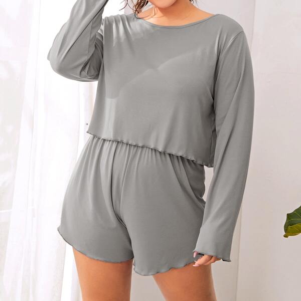 

Plus Lettuce Trim Tee With Shorts PJ Set, Grey