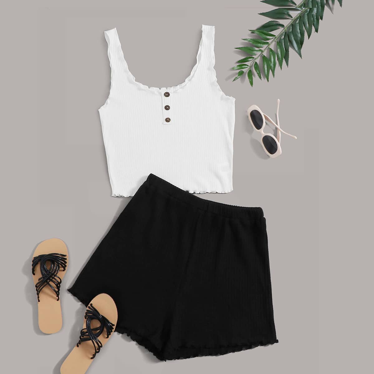 

Lettuce Trim Rib-knit Tank Top & Shorts PJ Set, Black and white