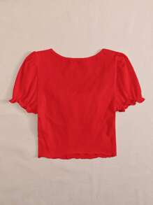 SHEIN Qutie 褶邊抽褶胸接縫前短版上衣 - 紅色 - 查看 2