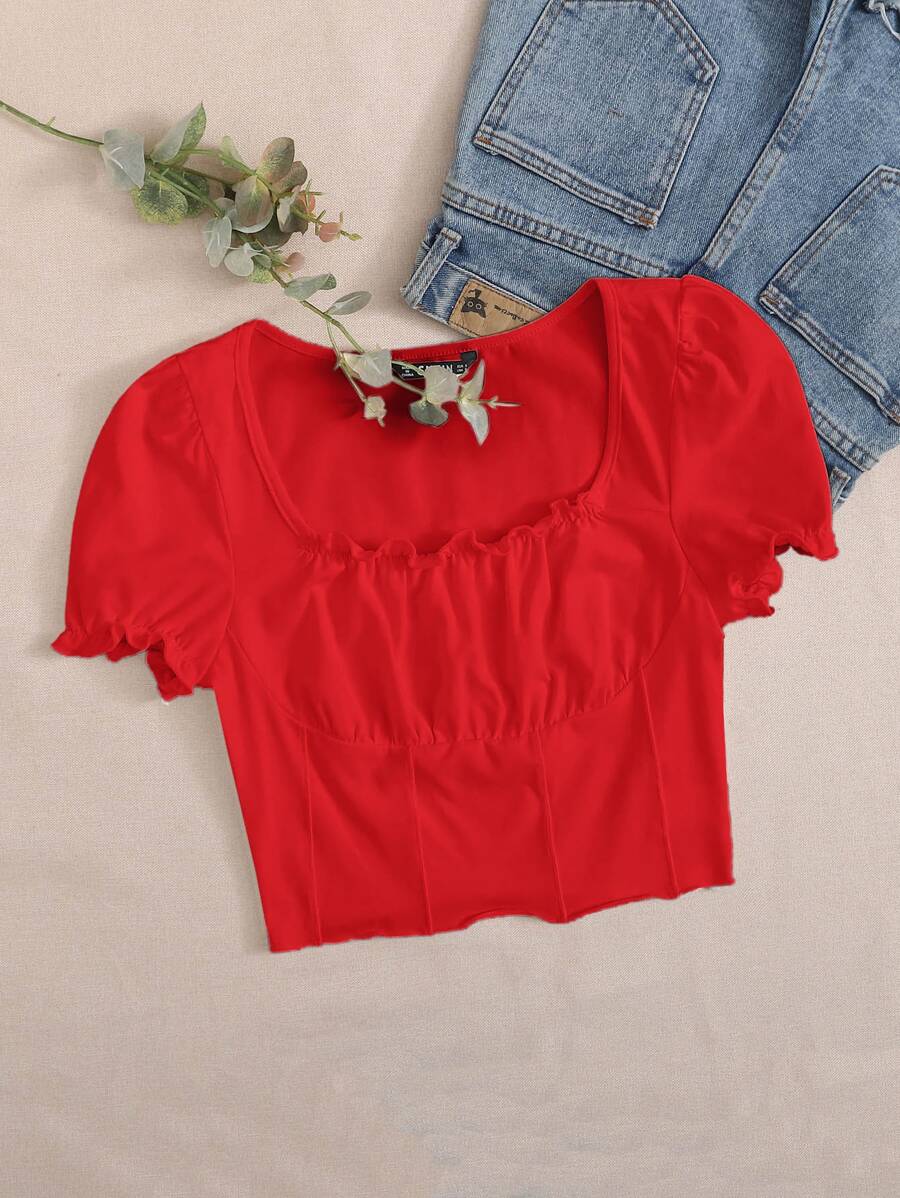 SHEIN Qutie 褶邊抽褶胸接縫前短版上衣 - 紅色 - 查看 1