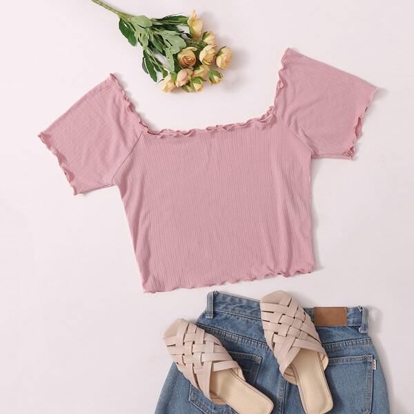 

Lettuce Trim Rib-knit Tee, Baby pink