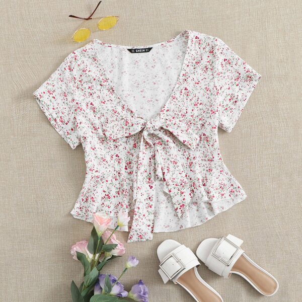 

Tie Front Ditsy Floral Peplum Top, White