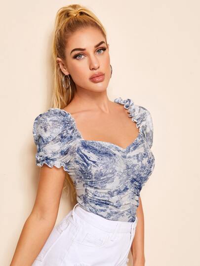 توب ميلكميد شبكي مكشكش بطباعة منظر طبيعي