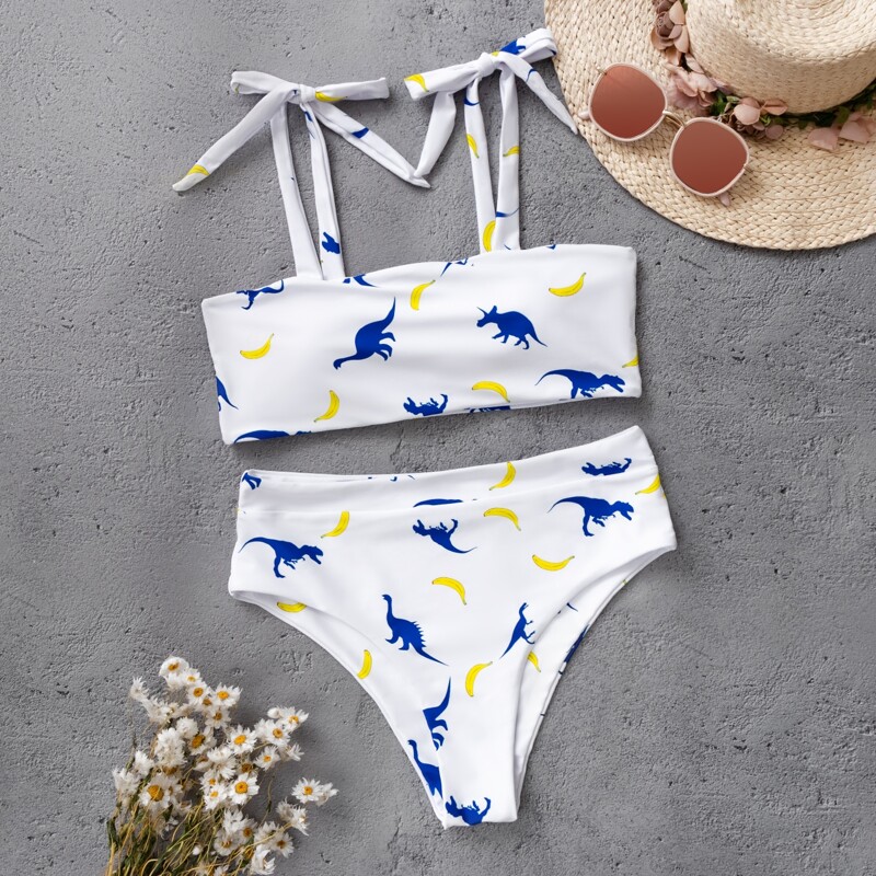 

Dinosaur & Banana Tie Shoulder Bikini Swimsuit, White