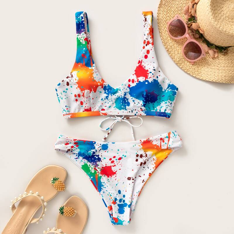 

Splash Ink Tie Back Bikini Swimsuit, Multicolor
