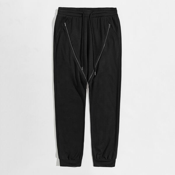 

Men Zip Detail Drawstring Waist Sweatpants, Black