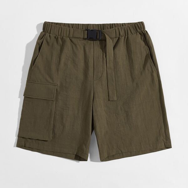 

Men Buckle Belted Flap Pocket Shorts, Army green