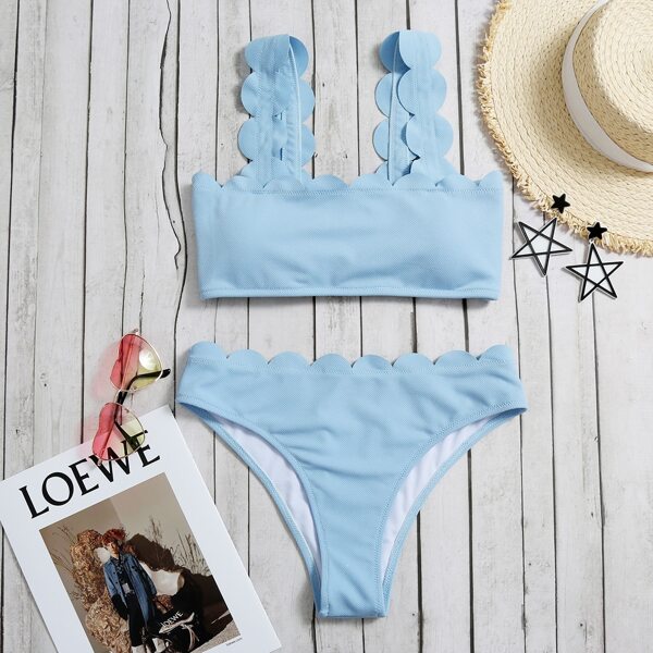 

Scalloped Trim Bikini Swimsuit, Pastel baby blue