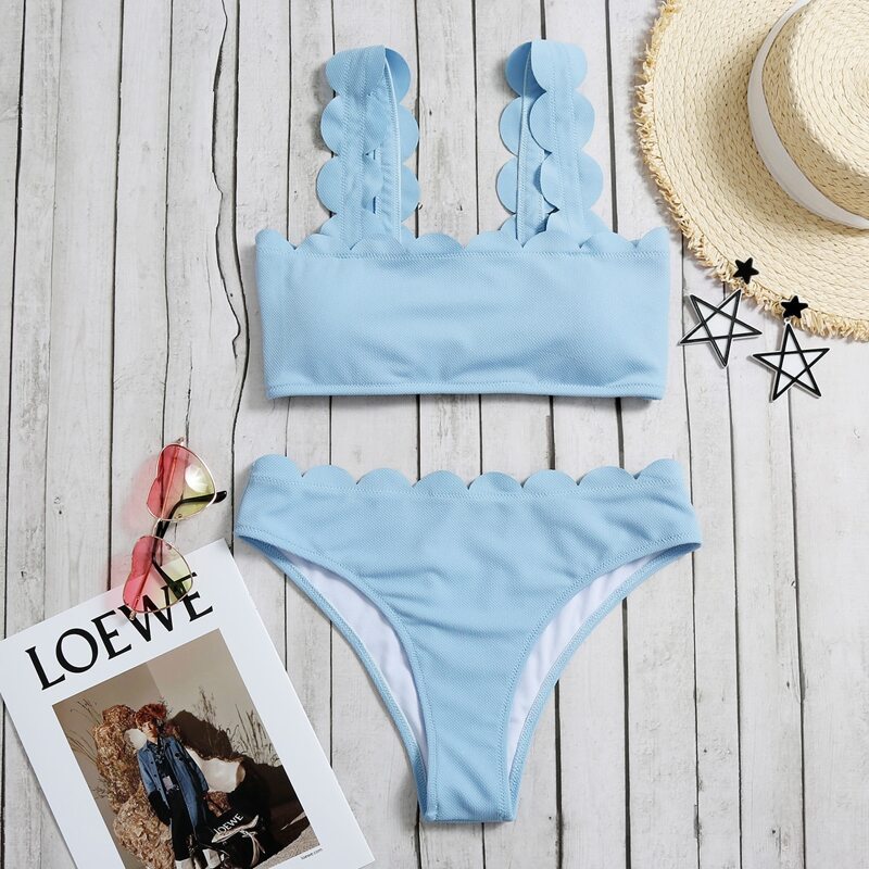 

Scalloped Trim Bikini Swimsuit, Pastel baby blue
