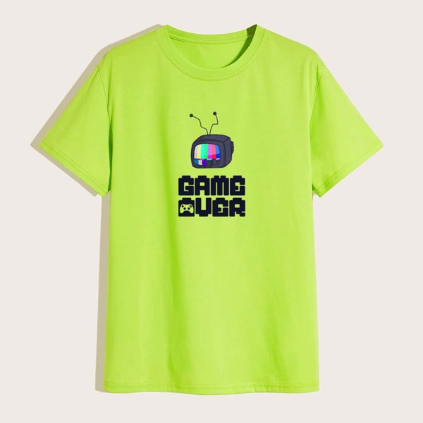 

Men Neon Green Slogan & Cartoon Graphic Tee, Lime green