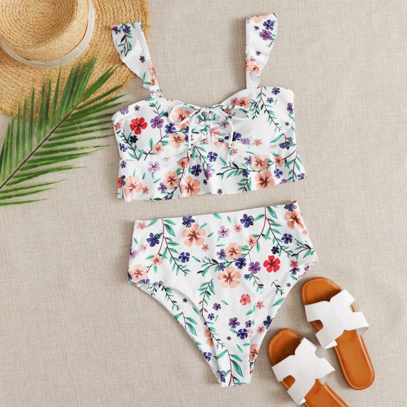 

Floral Ruffle Drawstring High Waisted Bikini Swimsuit, White