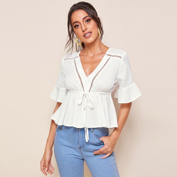 

Hollow Out Solid Knot Blouse, White