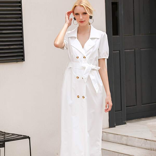 

Solid Double Button Dress With Belt, White