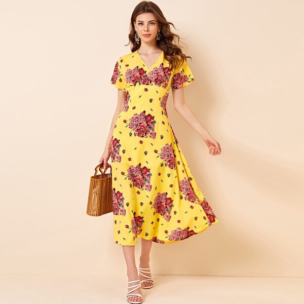 

V-neck Floral Print A-line Dress, Yellow