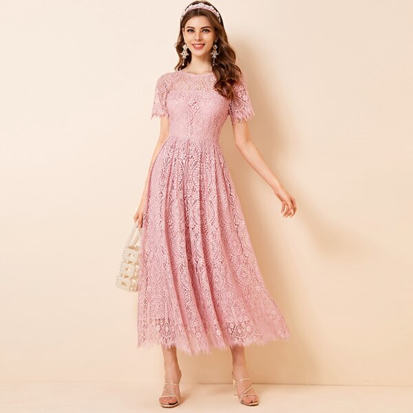 

Tie Back Solid Lace Dress, Baby pink