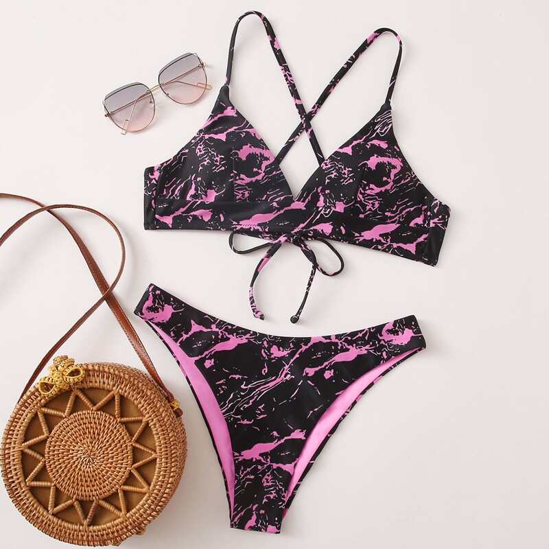 

Allover Graphic Crisscross Bikini Swimsuit, Multicolor