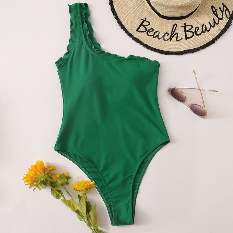 

Lettuce Trim One Shoulder One Piece Swimsuit, Green