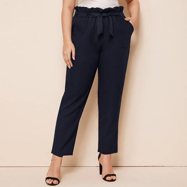 

Plus Paperbag Waist Belted Pants, Navy blue