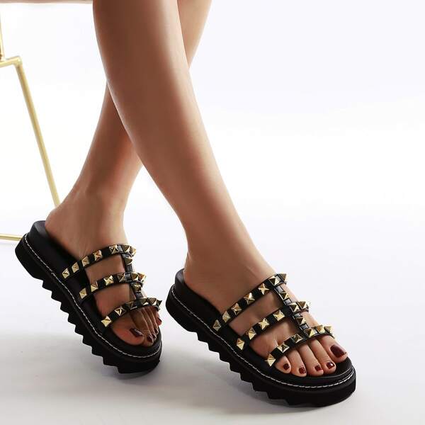 

Rivet Decor Non-slip Slide Sandals, Black