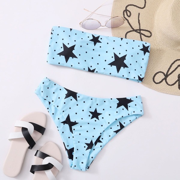 

Star & Polka Dot Bandeau Bikini Swimsuit, Pastel baby blue