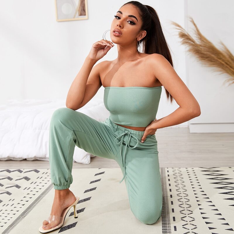 

Solid Cropped Tube Top & Joggers Set, Pastel mint green