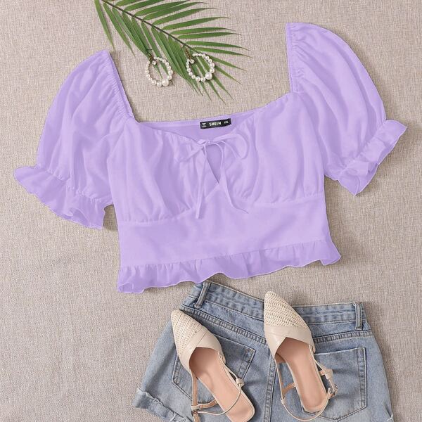 

Plus Tie Front Frill Trim Top, Bright lilac purple