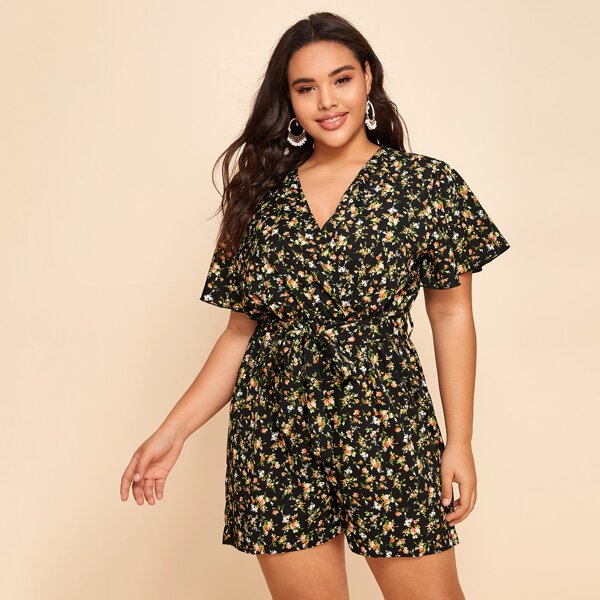 

Plus Ditsy Floral Belted Romper, Black