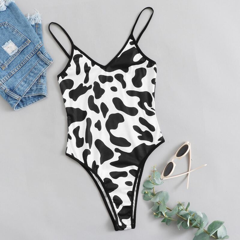 

Cow Print High-Cut Cami Bodysuit, Black and white