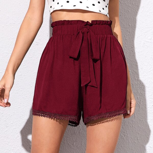 

Guipure Lace Trim Elastic Waist Knot Shorts, Maroon