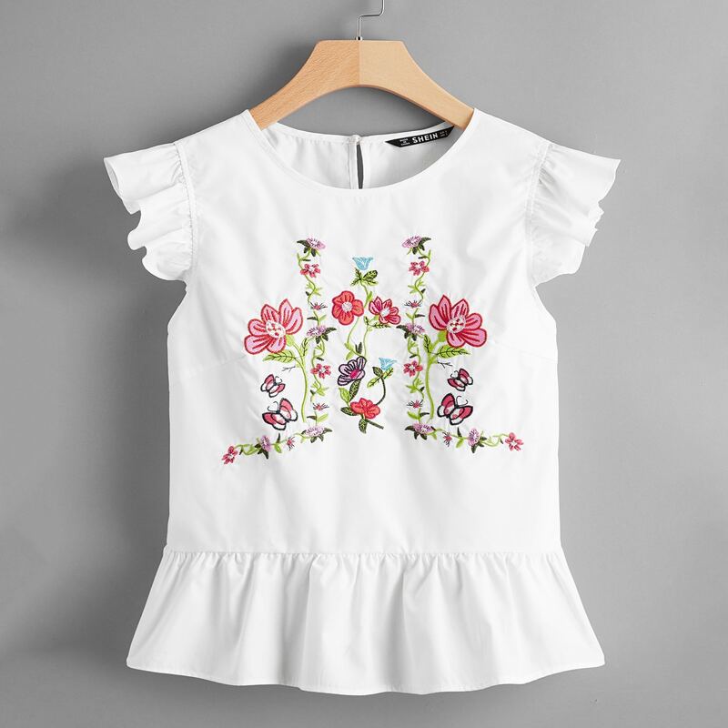 

Ruffle Armhole Floral Embroidered Peplum Top, White