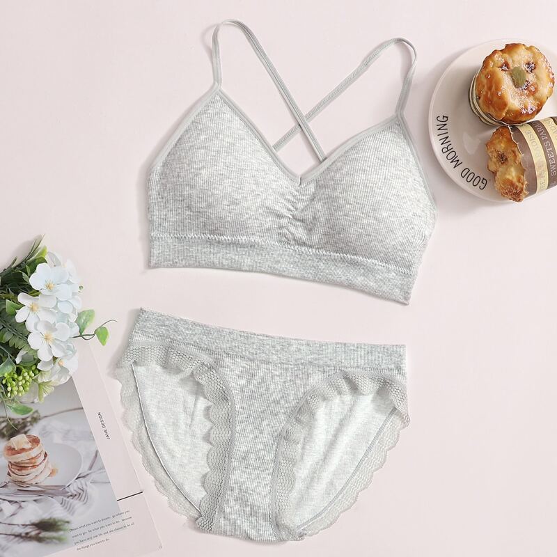 

Rib Lace Trim Lingerie Set, Grey