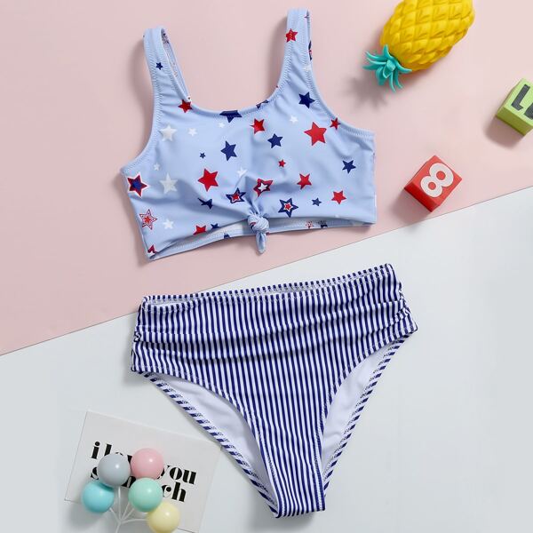 

Girls Star & Striped Print Bikini Swimsuit, Blue