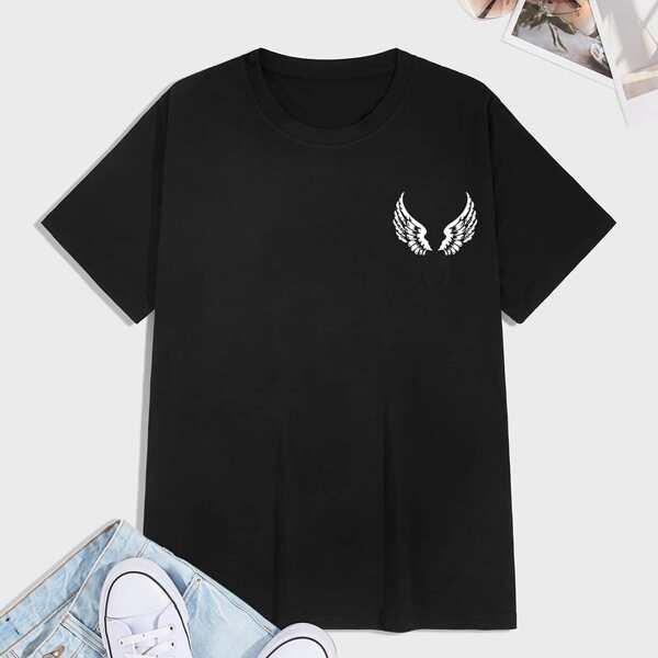 

Men Wings Print Crew Neck Tee, Black