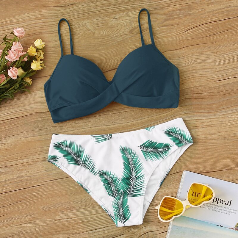 

Random Leaf Print Mix & Match Underwire Bikini Swimsuit, Multicolor