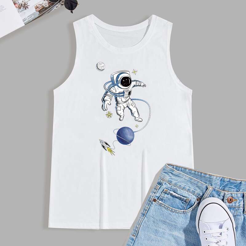 

Guys Spaceman And Planet Print Tank Top, White