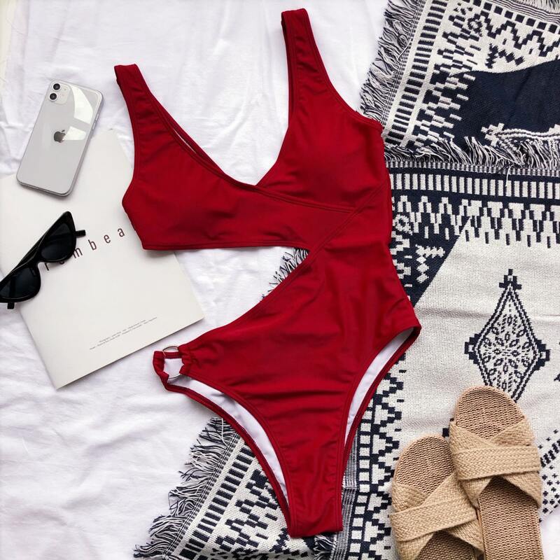 

Cut Out Ring Linked One Piece Swimsuit, Burgundy