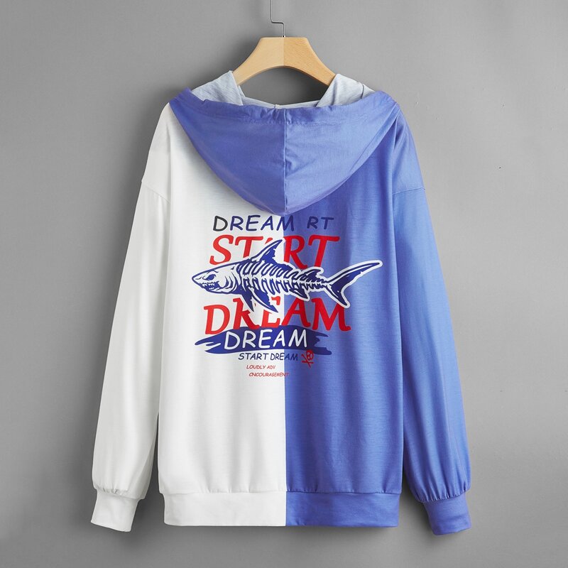 

Drawstring Front Mixed Print Colorblock Hoodie, Multicolor