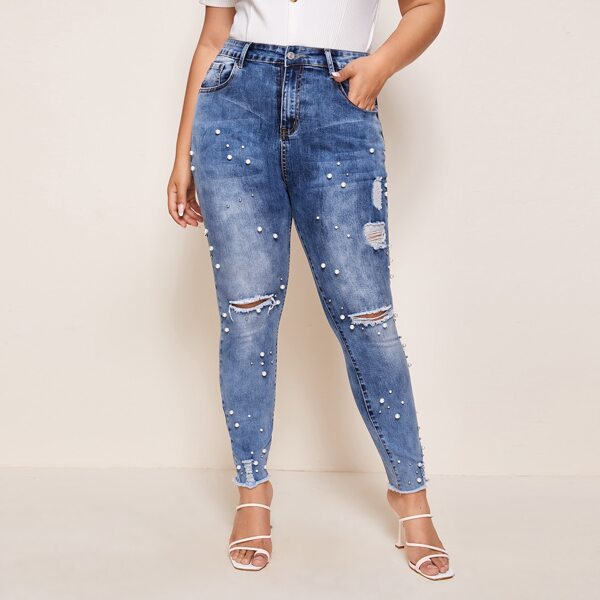 

Plus Raw Hem Ripped Pearl Beaded Jeans, Medium wash