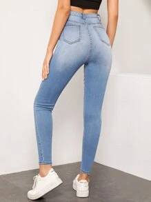 SHEIN Essnce Light Wash High-Waisted High Stretch Slant Pocket Jeans - Light Wash - View 2