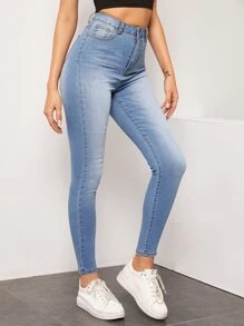 SHEIN Essnce Light Wash High-Waisted High Stretch Slant Pocket Jeans - Light Wash - View 5