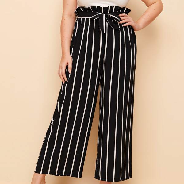 

Plus Striped Belted Paperbag Wide Leg Pants, Black