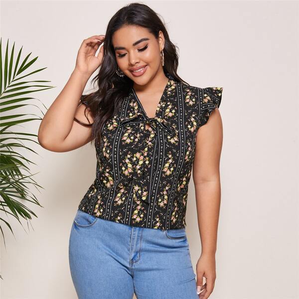 

Plus Ditsy Floral Print Tie Neck Blouse, Multicolor