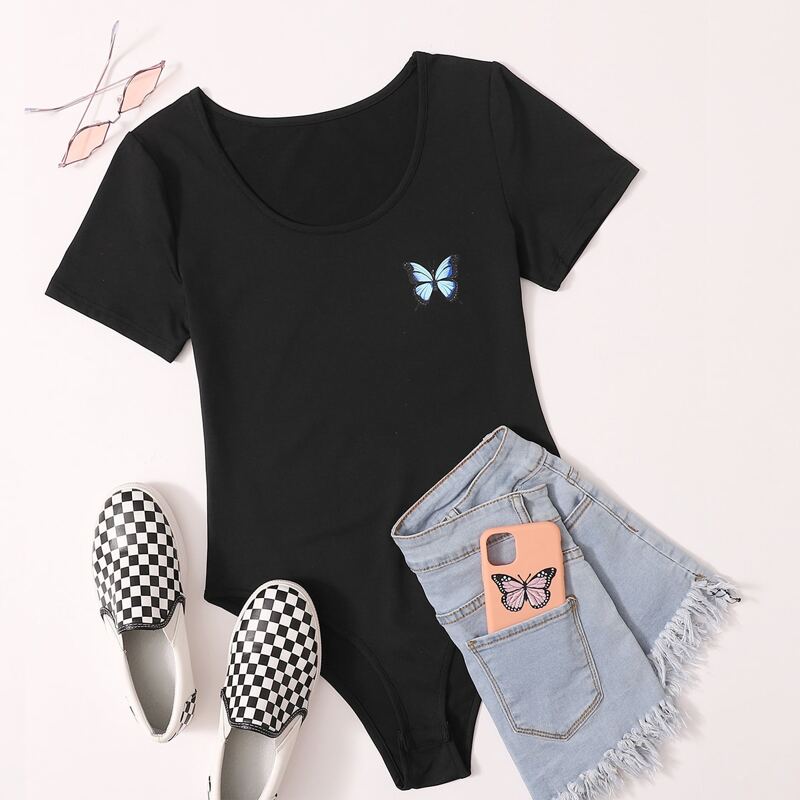 

Butterfly Print Tee Bodysuit, Black