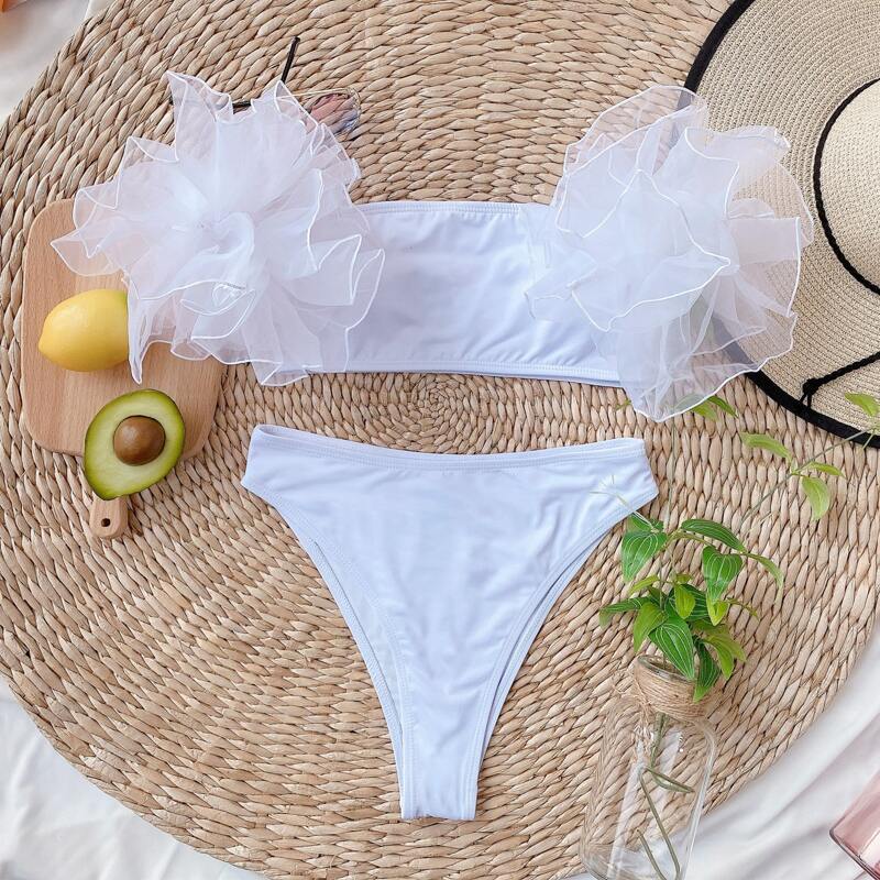 

Contrast Mesh Bardot High Cut Bikini Swimsuit, White